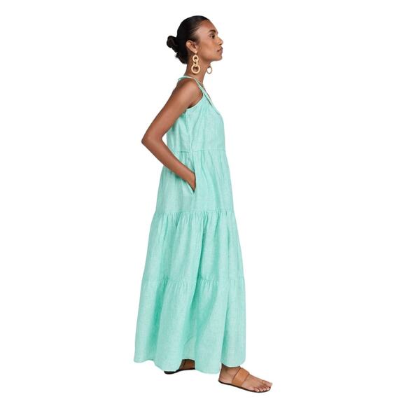 Mille Travel Maui Tiered Linen Maxi Dress Green Striped small NWT - Picture 1 of 11